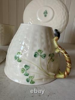 Belleek Shamrock Basketweave Gold Trim Rim Cups & Saucers Set Of 2 6th Mark