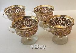 Bohemian Enamelled Enamel Glass Set Of 4 Custard Cup & Saucer. Gilded Pink White