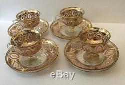 Bohemian Enamelled Enamel Glass Set Of 4 Custard Cup & Saucer. Gilded Pink White