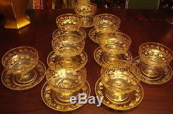 Bohemian Moser 8 Dessert Footed Cups & Saucers h leaves in gold119