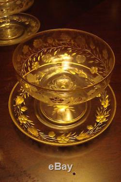Bohemian Moser 8 Dessert Footed Cups & Saucers h leaves in gold119
