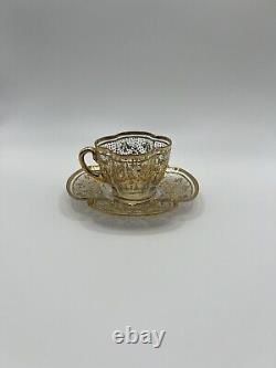 Bohemian Moser Type Enameled Gold Scrollwork Demitasse Cup & Saucer