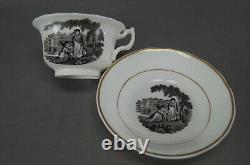 British Black Bat Print Woman Child Goat House & Gold Tea Cup & Saucer C. 1835-50