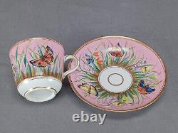 British Hand Painted Butterflies Pompadour Pink & Gold Coffee Cup & Saucer A