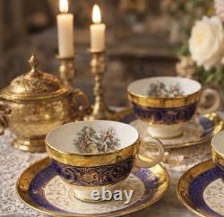 Bromley 22K Gold Blue Tea Cups & Saucers Pair Romantic Figural Mint