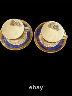 Bromley 22K Gold Blue Tea Cups & Saucers Pair Romantic Figural Mint