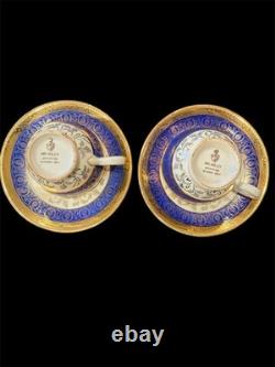 Bromley 22K Gold Blue Tea Cups & Saucers Pair Romantic Figural Mint