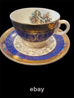Bromley 22K Gold Blue Tea Cups & Saucers Pair Romantic Figural Mint