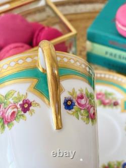 Brown Westhead Moore teacup and saucer, gilded, handpainted flowers, turquoise