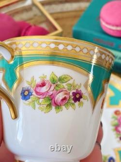 Brown Westhead Moore teacup and saucer, gilded, handpainted flowers, turquoise