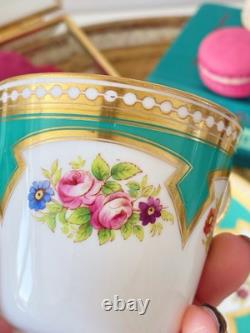 Brown Westhead Moore teacup and saucer, gilded, handpainted flowers, turquoise