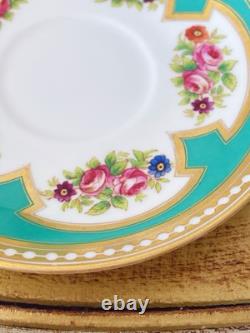 Brown Westhead Moore teacup and saucer, gilded, handpainted flowers, turquoise