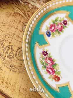 Brown Westhead Moore teacup and saucer, gilded, handpainted flowers, turquoise