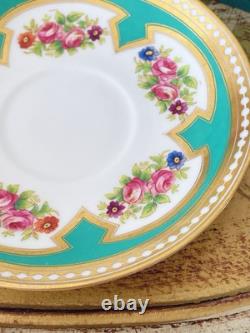 Brown Westhead Moore teacup and saucer, gilded, handpainted flowers, turquoise