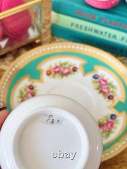 Brown Westhead Moore teacup and saucer, gilded, handpainted flowers, turquoise