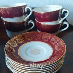 Burgundy White Gold Floral Midwinter Dinner Set Cups Saucers 1940s /50s