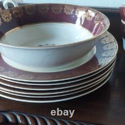 Burgundy White Gold Floral Midwinter Dinner Set Cups Saucers 1940s /50s