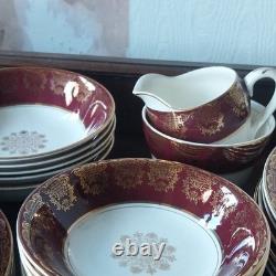 Burgundy White Gold Floral Midwinter Dinner Set Cups Saucers 1940s /50s