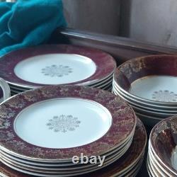 Burgundy White Gold Floral Midwinter Dinner Set Cups Saucers 1940s /50s
