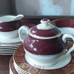 Burgundy White Gold Floral Midwinter Dinner Set Cups Saucers 1940s /50s