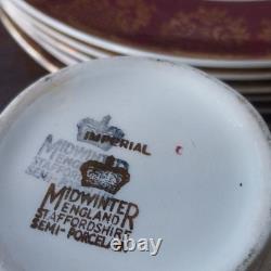 Burgundy White Gold Floral Midwinter Dinner Set Cups Saucers 1940s /50s