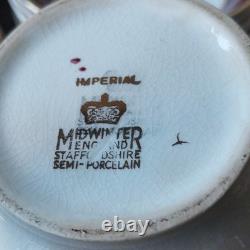 Burgundy White Gold Floral Midwinter Dinner Set Cups Saucers 1940s /50s