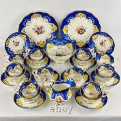 C1835 Antique 28 Piece Tea Set Davenport Blue Gold Gilt Cup & Saucers Jug, Bowl