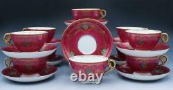 C1920s Set of 12 Teacups & Saucers by Adderleys Ltd. Magenta with Gold