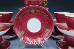 C1920s Set of 12 Teacups & Saucers by Adderleys Ltd. Magenta with Gold