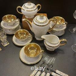 C1940s Rosenthal Germany Winifred White Gold Teapot Cream Sugar (4) Cups Saucers