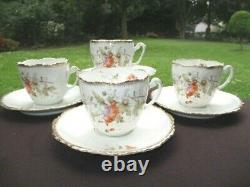 C. 1885 Kpm Germany 4 Cups & Saucers #22088 Purple / Orange Clematis Gold Dusted