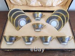 Cased Art Deco Tea Set for 6, Schlaggenwald, Czechoslovakia gilt, silver nudes