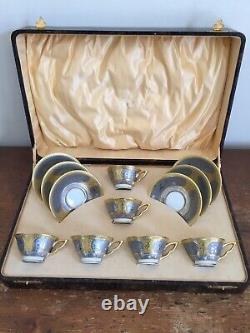 Cased Art Deco Tea Set for 6, Schlaggenwald, Czechoslovakia gilt, silver nudes