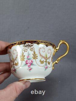 Cauldon Tiffany Hand Painted Pink Roses Raised Gold & Cobalt Tea Cup & Saucer D