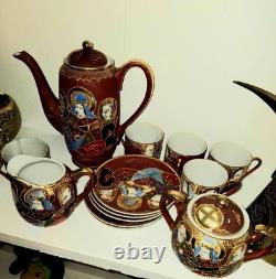 Ceramic Tea Set 6 Cups & Saucers, Geometric Pattern, Brown/Gold, Teapot Lid