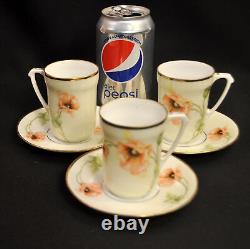 Chocolate Cups & Saucers RS Germany Set 3 Orange Poppy Sprays withGold 1910-1945