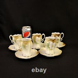 Chocolate Cups Saucers RS Germany Set 5 Hand Painted White Azalea Gold 1910-1945