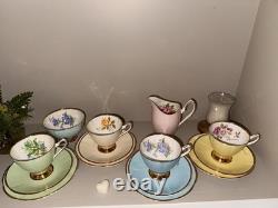 Clare Bone China Tea SetVintage Pastel CupsSaucers with Gold TrimMade in England