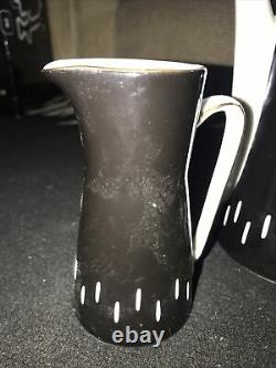 Cmielow Coffee Pot Set Milk Jug 3 Cups Saucers Black White Gold Poland Retro