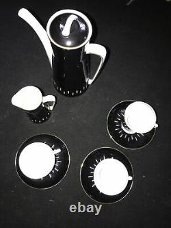 Cmielow Coffee Pot Set Milk Jug 3 Cups Saucers Black White Gold Poland Retro