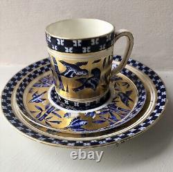 Coalport Antique Demitasse Cup & 2 Saucers Japanese Grove Blue & 22 Carat Gold