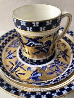 Coalport Antique Demitasse Cup & 2 Saucers Japanese Grove Blue & 22 Carat Gold