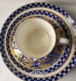 Coalport Antique Demitasse Cup & 2 Saucers Japanese Grove Blue & 22 Carat Gold