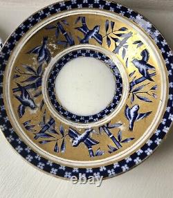 Coalport Antique Demitasse Cup & 2 Saucers Japanese Grove Blue & 22 Carat Gold