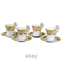 Coalport Chocolate Cup Saucer Set 4 Yellow Gold Bell Bow Drapes Circa 1903