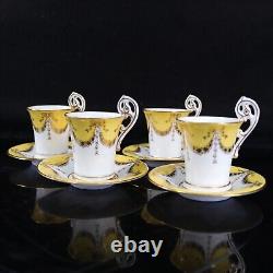 Coalport Chocolate Cup Saucer Set 4 Yellow Gold Bell Bow Drapes Circa 1903