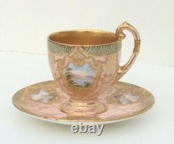 Coalport Pink and Gold Cup & Saucer Hand Painted Raised Paste withScenic Panels