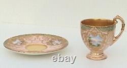 Coalport Pink and Gold Cup & Saucer Hand Painted Raised Paste withScenic Panels