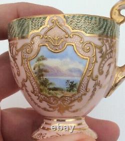 Coalport Pink and Gold Cup & Saucer Hand Painted Raised Paste withScenic Panels