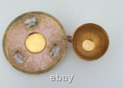 Coalport Pink and Gold Cup & Saucer Hand Painted Raised Paste withScenic Panels